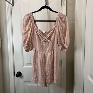 Topshop Pink White Plaid Sweetheart Keyhole Puff-Sleeve Prairie Romper US 4
